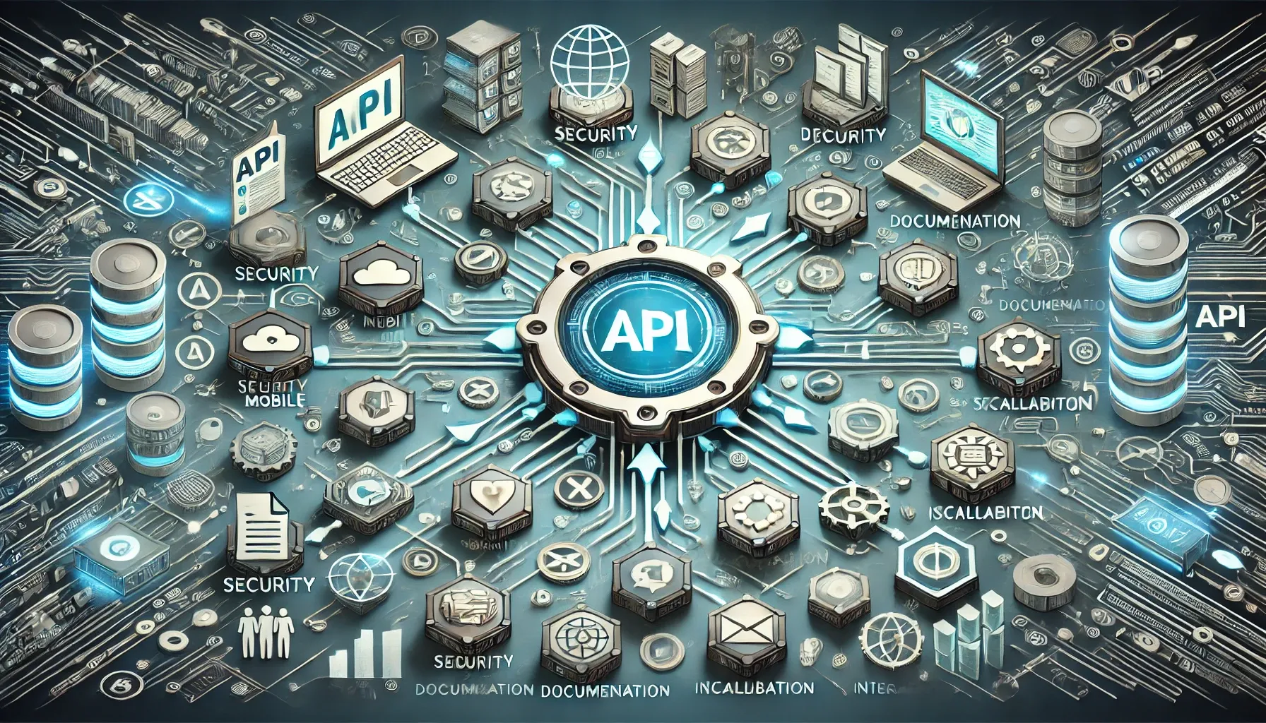 DALL·E 2024-10-16 14.00.21 - A modern visual concept of API governance, illustrating various components like security, version control, integration, and scalability. The central f.webp